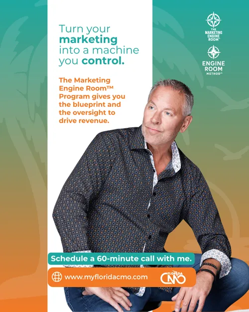 Florida CMO doesn’t sell creative. We build confidence. Because when your engine runs right, everything else does too. Mark Powers, Fractional CMO.