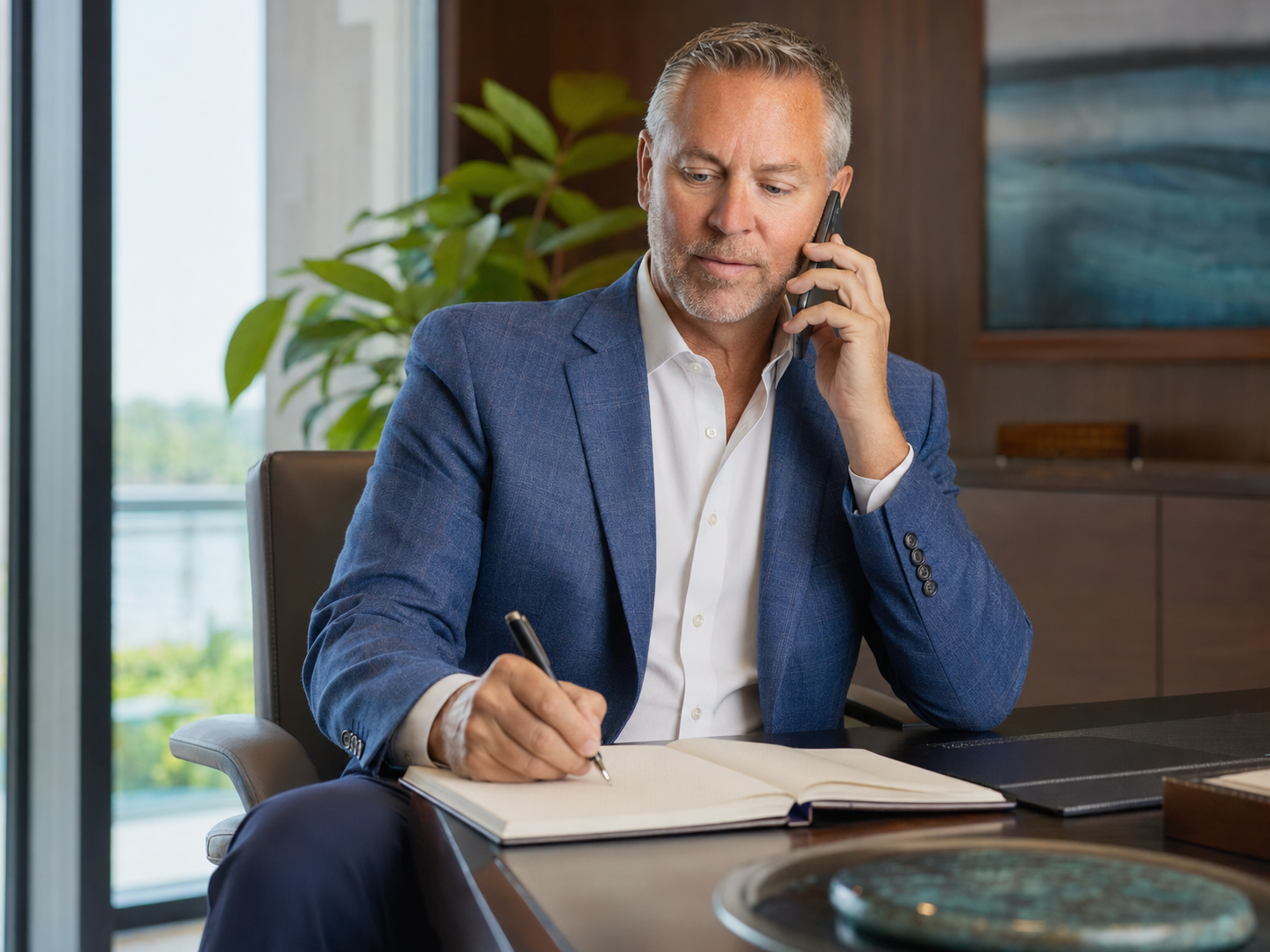 Mark Powers taking a thoughtful executive call in a Florida office
