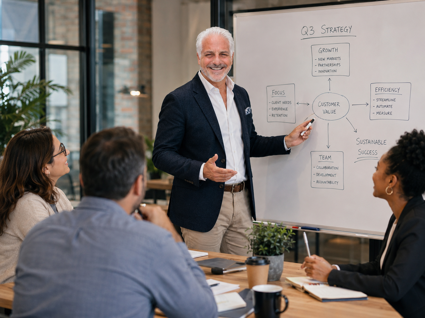 Ken Schlachter leading a discussion beside a planning whiteboard