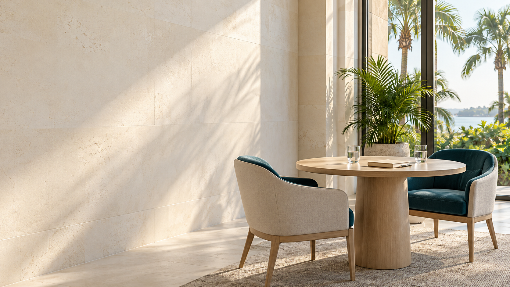 A sunlit executive meeting nook with two chairs and a table ready for a conversation